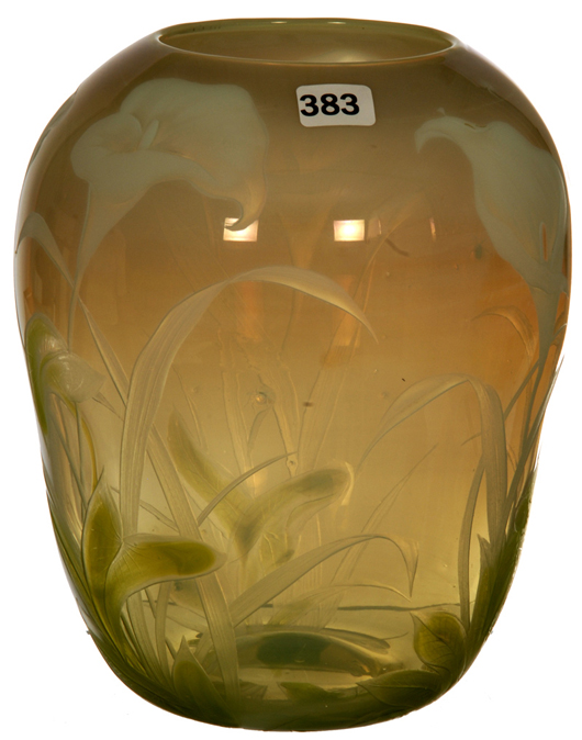 Eight-inch signed Tiffany art glass vase, pastel white and green with fine calla lily décor. Price realized: $60,000. Woody Auction image.