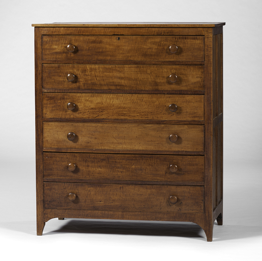 Union Village Shaker curly maple chest of drawers. Estimate: $3,000-$5,000. Cowan's Auctions Inc.