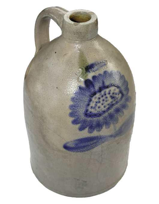 Two-gallon stoneware jug with cobalt blue sunflower motif and embossed with manufacturer’s name ‘J.M. Harris, Easton, Pa.’