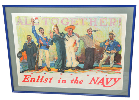 World War II U.S. Navy enlistment poster, framed under glass.