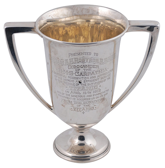 Original sterling silver loving cup presented to Capt. Arthur Rostron of the Carpathia by Titanic survivor Margaret 'Molly' Brown. Bidding is expected to exceed $200,000. RR Auction image.