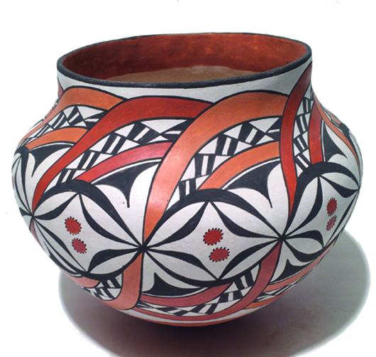 Outstanding large polychrome Acoma pottery jar by L. Concho, with floral motif. Price realized: $2,588. Allard Auctions Inc. image.