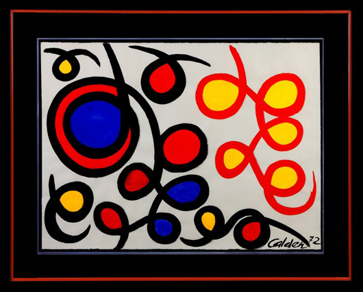 Bold original gouache painting by Alexander Calder, titled ‘Loops Filled In.’ Price realized: $78,200. Cottone Auctions image.