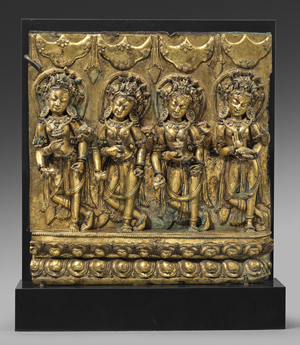 From: Oliver Forge / Brendan Lynch, a 15th century gilt bronze plaque depicting four offering goddesses, from the Tibetan Dentasil Monastery. Asia Week New York image.