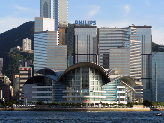 Police say cleaners at the luxury Hong Kong Grand Hyatt (pictured to the immediate right of the Phillips building and behind the Hong Kong Convention & Exhibition Centre) accidentally discarded the missing painting and that it ended up in a local landfill. Photo by Baycrest,  licensed under the Creative Commons Attribution-Share Alike 2.5 Generic license.
