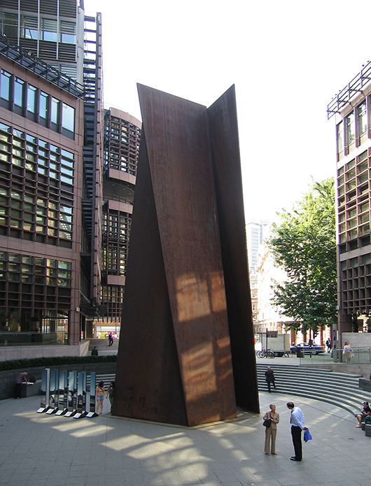 'Fulcrum 1987,' 55-foot freestanding sculpture of Cor-ten steel near Liverpool Street station, London. Image by Andrew Dunn. This file is licensed under the Creative Commons Attribution-Share Alike 2.0 Generic license.