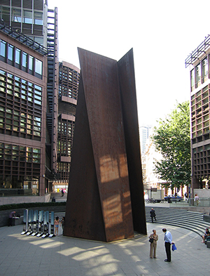 'Fulcrum 1987,' 55-foot freestanding sculpture of Cor-ten steel near Liverpool Street station, London. Image by Andrew Dunn. This file is licensed under the Creative Commons Attribution-Share Alike 2.0 Generic license.