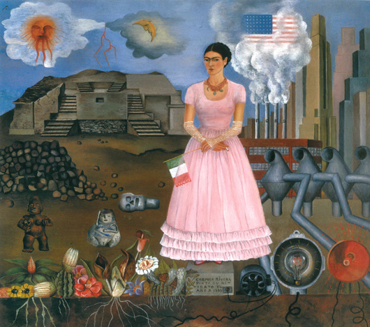 Frida Kahlo, ‘Autoritratto al confine tra Messico e Stati Uniti,’ 1937, olio su piastra di rame, cm 31,7 x 35. Collezione Privata © Banco de México Diego Rivera & Frida Kahlo Museums Trust, México D.F. by SIAE 2014.