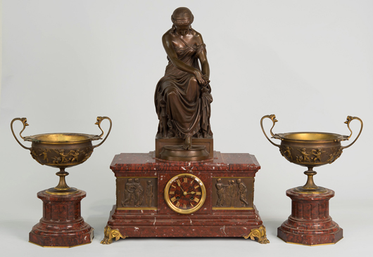 Barbedienne bronze and rouge marble 3-piece clock garniture with a reduced version of Eugene Aiuzelin’s famous Psyche. Est. $2,000-$4,000. Grogan & Co. image  