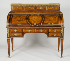 Louis XVI-style fruitwood marquetry-inlaid and ormolu-mounted marble-top cylinder desk. Est. $2,000-$4,000. Grogan & Co. image