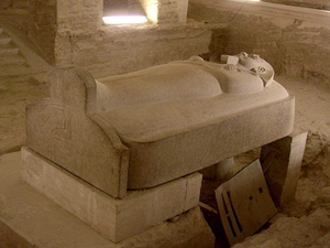 Sarcophagus of Pharaoh Merenptah, Tomb KV8, Valley of the Kings. Photo taken by Hajor, December 2002, licensed under the Creative Commons Attribution-Share Alike 1.0 Generic license.