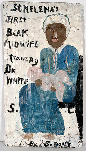 Lot 135 – Sam Doyle, ‘St. Helena’s First Blak Midwife Trane By Dr. White,’ circa 1980s, signed and titled, house paint on found roofing tin, 28in x 50in. Est. $25,000-$35,000. Slotin Folk Art image.
