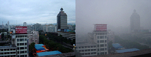 Two photos taken in the same location in Beijing in August 2005. The image on the left was taken after it had rained for two days. The right image shows smog covering Beijing in what would otherwise be a sunny day. Image by Bobak. This file is licensed under the Creative Commons Attribution-Share Alike 2.5 Generic license.