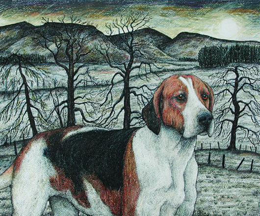 Seren Bell, 'Golden Valley hound,' crayon, pencil and ink, 13 x 13 inches