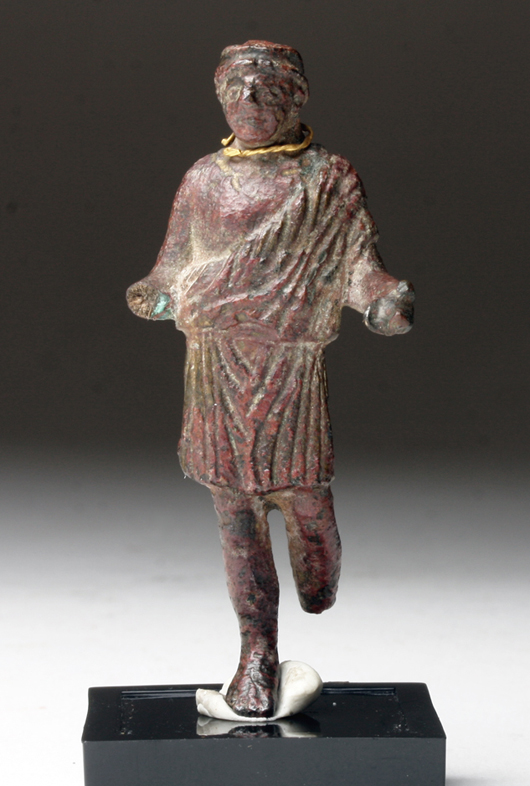 Lot 309: Roman bronze Togatus figure, circa first century BCE/CE. Est. 800-$1,200, start $450. Artemis Gallery Live image.
