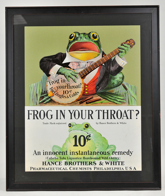 Framed ‘Frog in your throat’ display dated 1897, Hance Bros. & White, est. $1,500-$1,700. Bertoia Auctions image