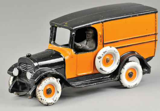 Arcade cast-iron panel van, 8in long, ex Gottschalk collection, est. $4,000-$5,000. Bertoia Auctions image