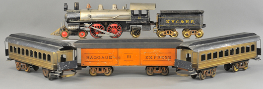 Circa 1904-1908 Carlisle & Finch No. 45 locomotive, tender and passenger cars, est. $17,000-$20,000. Bertoia Auctions image