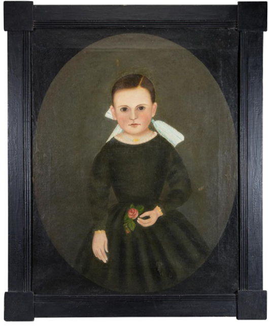 Lot 293, a rare John James Trumbull Arnold oil on canvas folk art portrait dated 1850, sold for $33,350 to Colonial Williamsburg. Jeffrey S. Evans & Associates image.