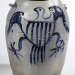 Lot 1, a 3-gallon stoneware jar attributed to James Miller, sold for $74,750. The rare salt-glazed jar, circa 1825, sold for over twice the $20,000-$30,000 estimate. Jeffrey S. Evans & Associates image.