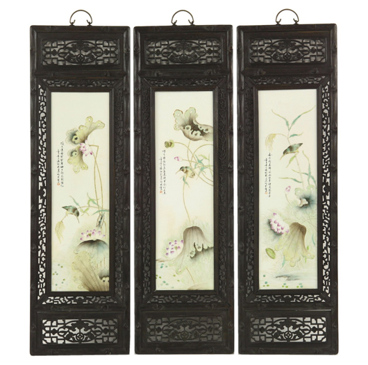 Set of three panels in the manner of Liu Yucen, inscription dated 1941, pierced wood frames, 73.5 x 21cm. Estimate: £2,000-£3,000. Sworders Fine Art Auctioneers image.