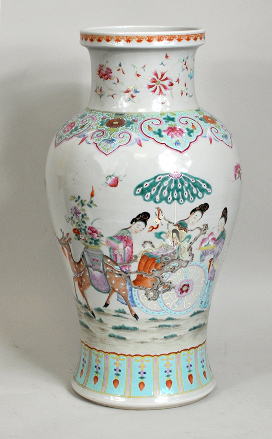 Chinese famille rose decorated vase. Woodbury Auction image.