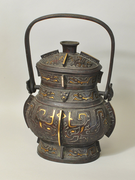 Archaic Chinese wine vessel. Woodbury Auction image.