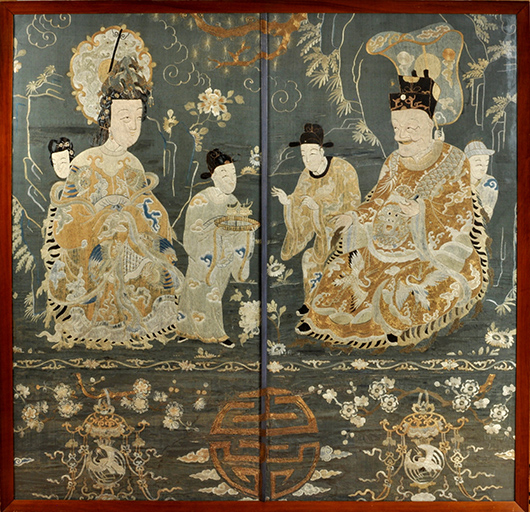 Chinese embroidered figural panel. Woodbury Auction image.