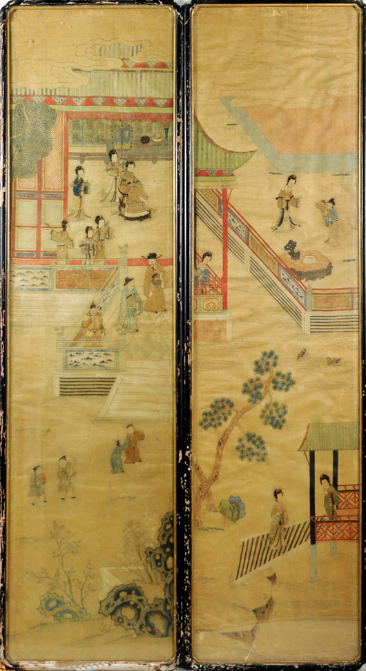 Rare pair of Chinese fabric panels. Woodbury Auction image.
