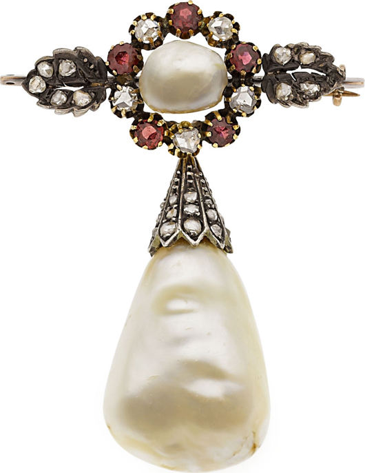 Victorian natural baroque pearl, diamond, ruby, silver-topped gold brooch. Estimate: $40,000-$60,000. Heritage Auctions image.