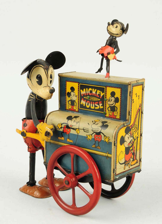 Distler Mickey & Minnie Mouse Hurdy Gurdy toy, 6in long, lithographed tin. Est. $6,000-$9,000. Morphy Auctions image