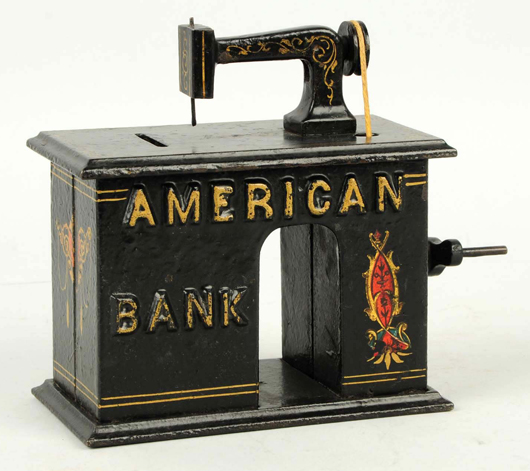 Semi-mechanical Sewing Machine bank manufactured by American Bank, near mint, ex Bob McCumber collection. Est. $20,000-$25,000. Morphy Auctions image