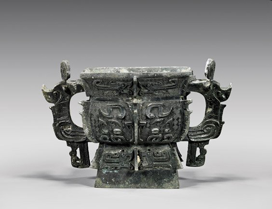 Shang-style rectangular bronze vessel. I.M. Chait Gallery / Auctioneers image.