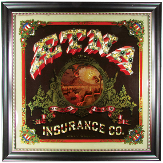 Aetna Insurance Co. reverse glass painted sign with mother of pearl inlay. Price realized: $51,300. Showtime Auction Services image.