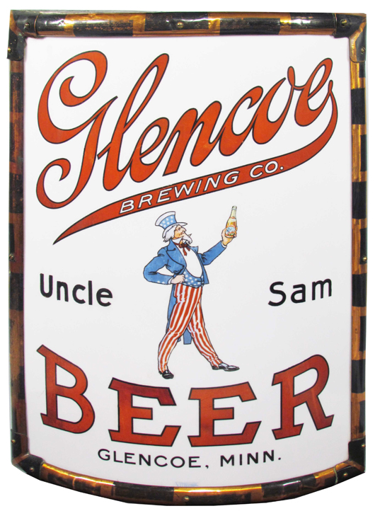 Glencoe Brewing Co. “Uncle Sam Beer” Vitrolite corner sign, in frame. Price realized: $34,200. Showtime Auction Services image.