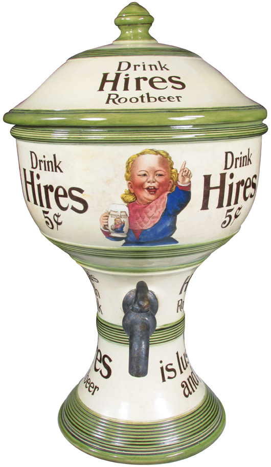 Hires Root Beer dispenser, the green version, depicting the Hines Boy, 5 cents. Price realized: $49,200. Showtime Auction Services image.