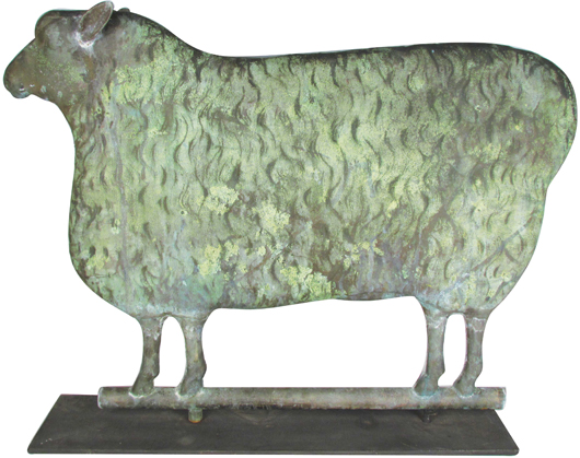 Zinc sheep weather vane in very good condition, 24 1/2 inches by 18 inches. Price realized: $25,650. Showtime Auction Services image.