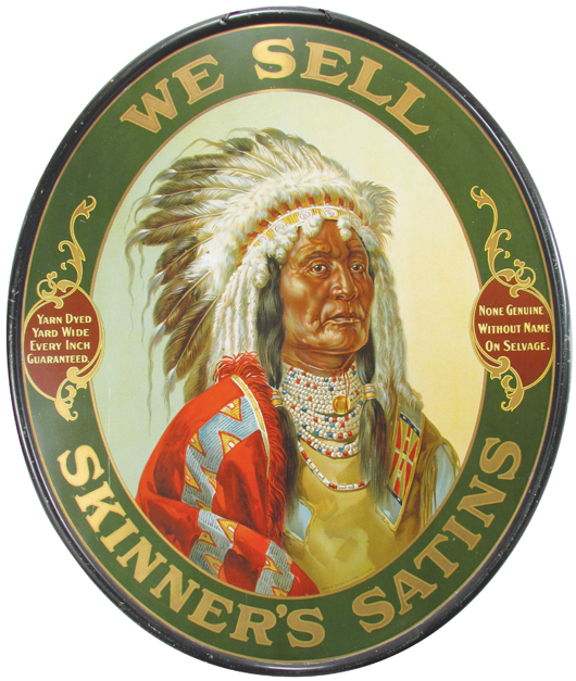 Skinner's Satins self-framed tin sign with Native American graphic in full headdress. Price realized: $24,000. Showtime Auction Services image.