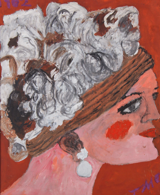 Justin McCarthy (American, 1891-1977), 'Hatted Beauty,' 1962, oil on board. Size: 18.5 inches x 15 inches. Estimate: $1,000-$2,000. Material Culture image.