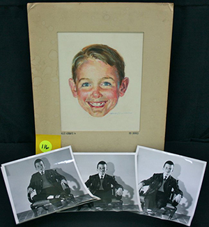 Robert Childress watercolor portrait of the 'Dick' character with five photographs of the model. Image courtesy of Brookline Auction Gallery LLC.