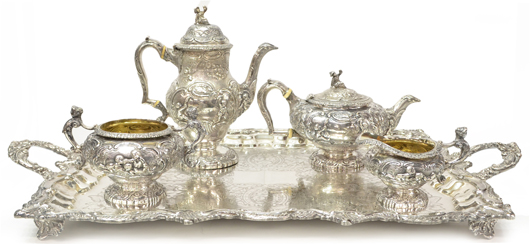 Scarce George III repousse sterling silver tea and coffee service, Joseph Angel, London, Regency period, hallmarked 1818. Opens for bidding at $1,500. Austin Auction Gallery image