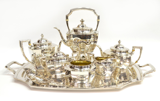 Reed and Barton sterling silver tea and coffee service whose tray is inscribed to baseball legend Christy Mathewson and dated May 12th, 1917. Family provenance. Est. $12,000-$18,000. Austin Auction Gallery image