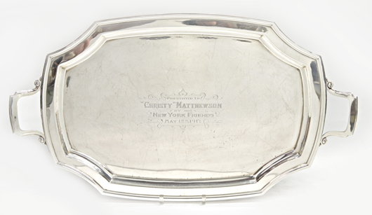 Tray from sterling silver tea and coffee service inscribed to Christy Mathewson. Set estimate: $12,000-$18,000. Austin Auction Gallery image