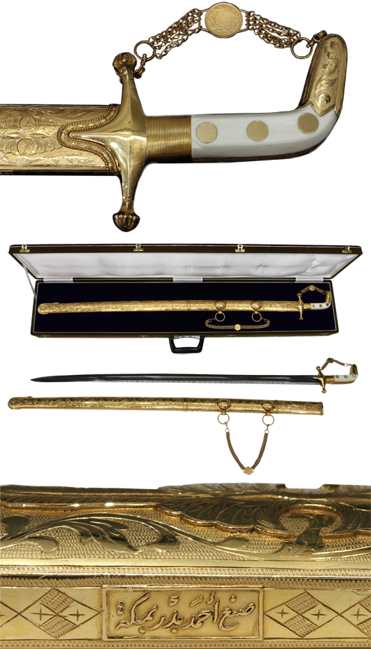 Views of various parts of the customer ceremonial sword with high-gold-content scabbard, presented to Coach Darrell K Royal and Mrs. Royal in the early 1980s by Dr. Nasser Al-Rashid. Est. $25,000-$35,000. Austin Auction Gallery image