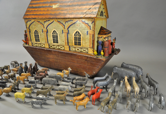 Noah’s Ark, 37in long, hand-painted details, with 91 pairs of animals and 8 people, sold for $16,520. Bertoia Auctions image