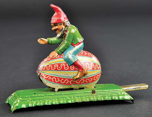 Meier Gnome on Egg articulated penny toy, 3in long, sold for $4,720. Bertoia Auctions image