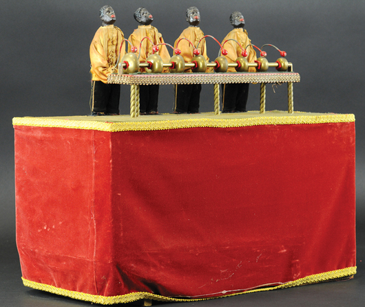 Bell Ringers automaton, featured in the book ‘Mechanical Toys’ by Spilhaus, sold for $7,670. Bertoia Auctions image