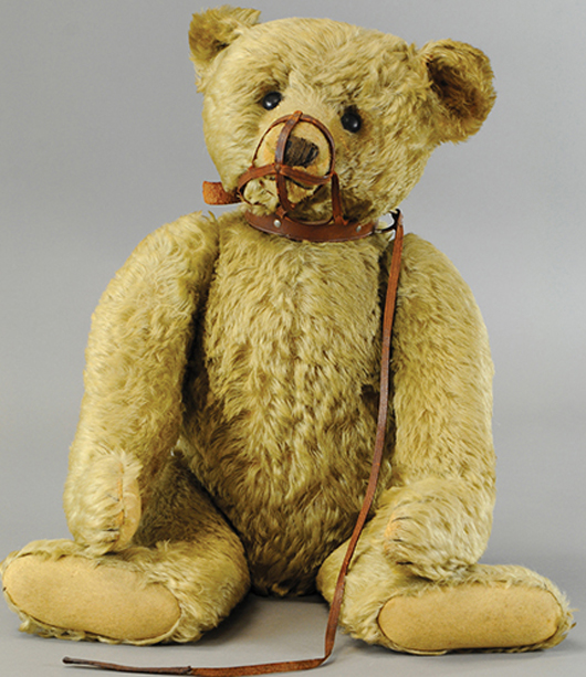 Steiff golden mohair bear, 24in high, with leather muzzle, sold for $10,030. Bertoia Auctions image