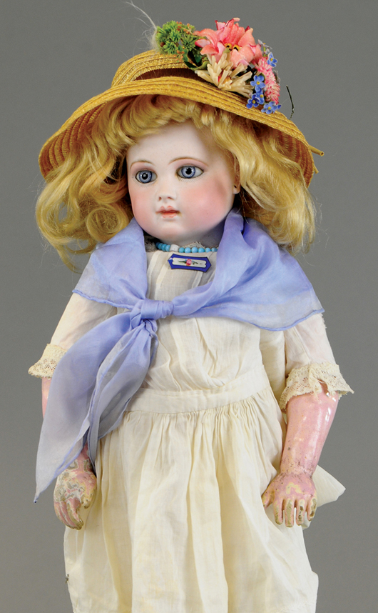 Portrait doll from earliest period of Jumeau’s production, bisque head, 16½in tall, sold for $5,900. Bertoia Auctions image