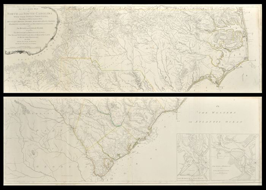 Lot 175: Henry Mouzon (1741-1807), 'An Accurate Map of North and South Carolina and their Indian Frontiers,' copper engraving on laid paper with hand-colored outlines. Gray's Auctioneers image.  